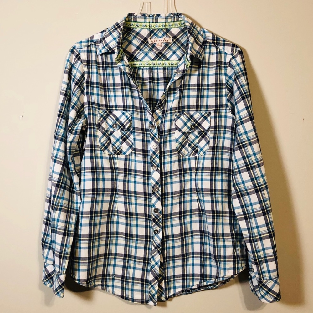 (Small) Red Haute Black and Blue Plaid Button-down